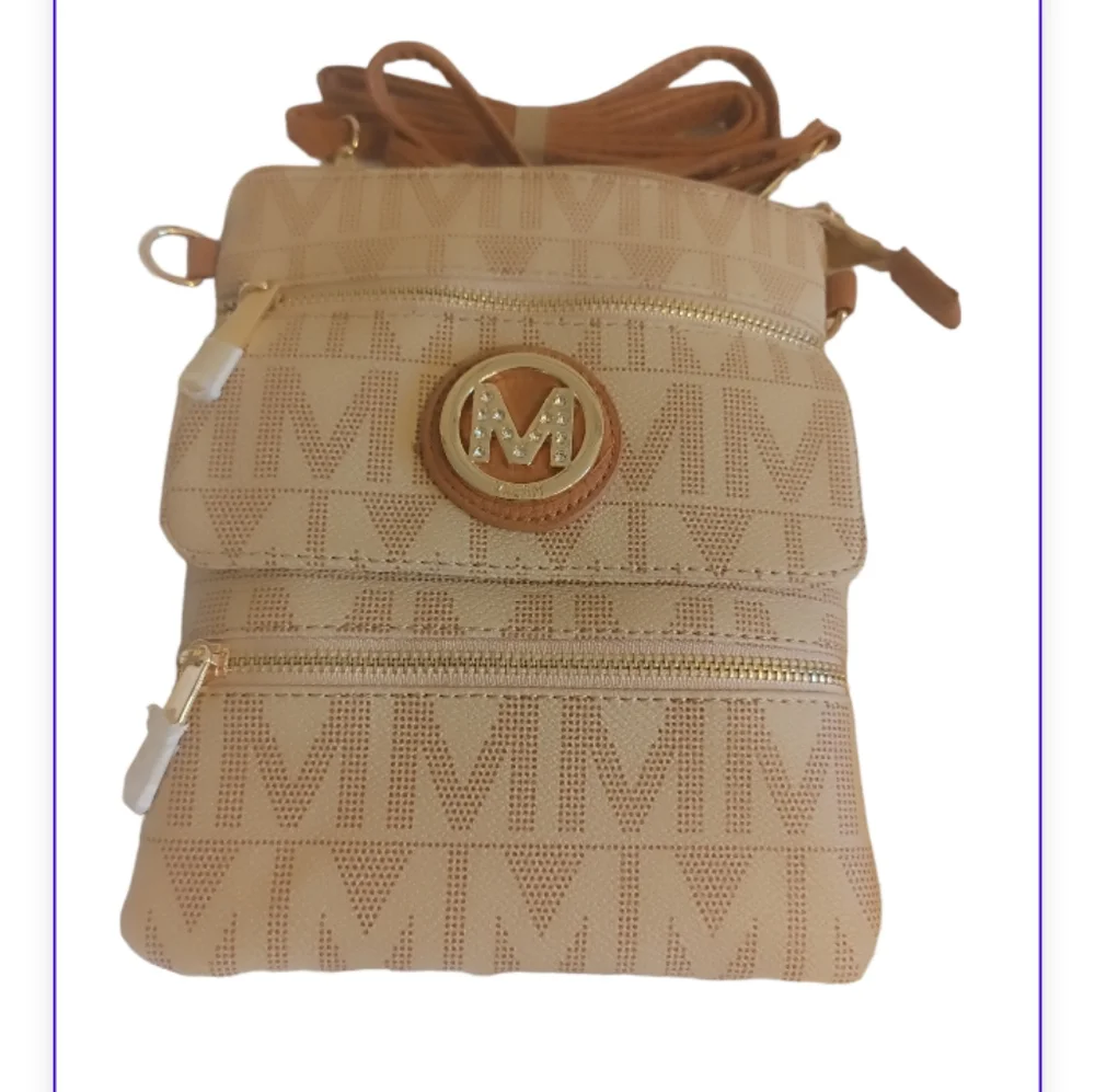 Milan tan crossbody purse rhinestone M design